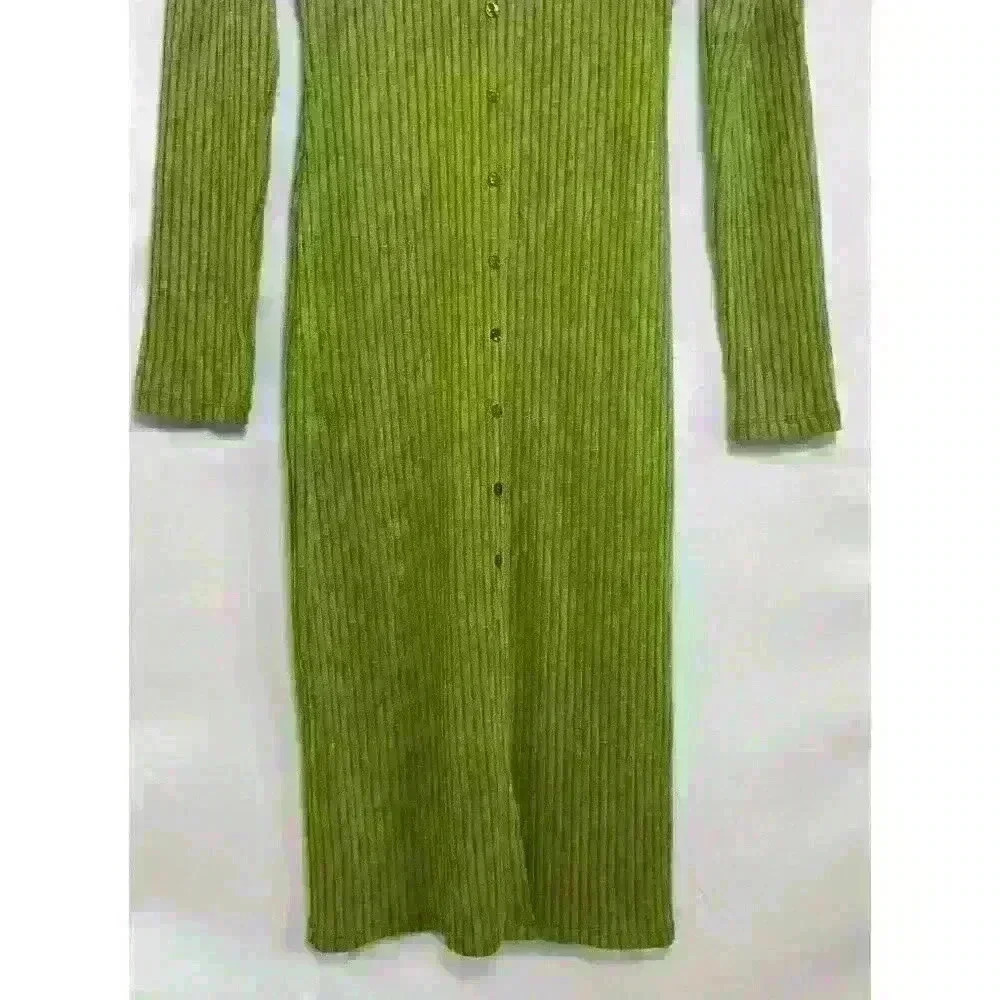 Zara Women’s Olive Green Ribbed Button-Front Midi Dress - Picture 9 of 13